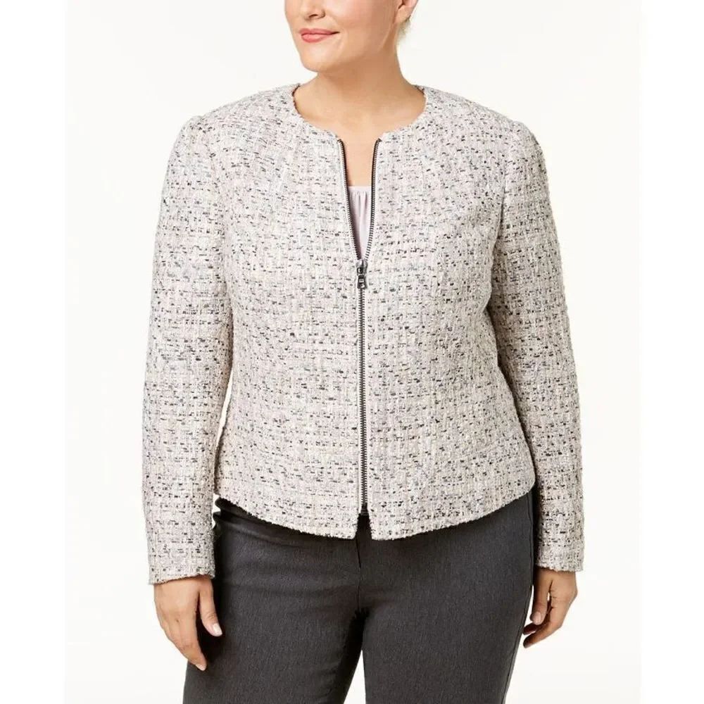 Anne Klein Women's Plus Zip-Front Collarless Tweed Blazer in Cream Size 14 NWT